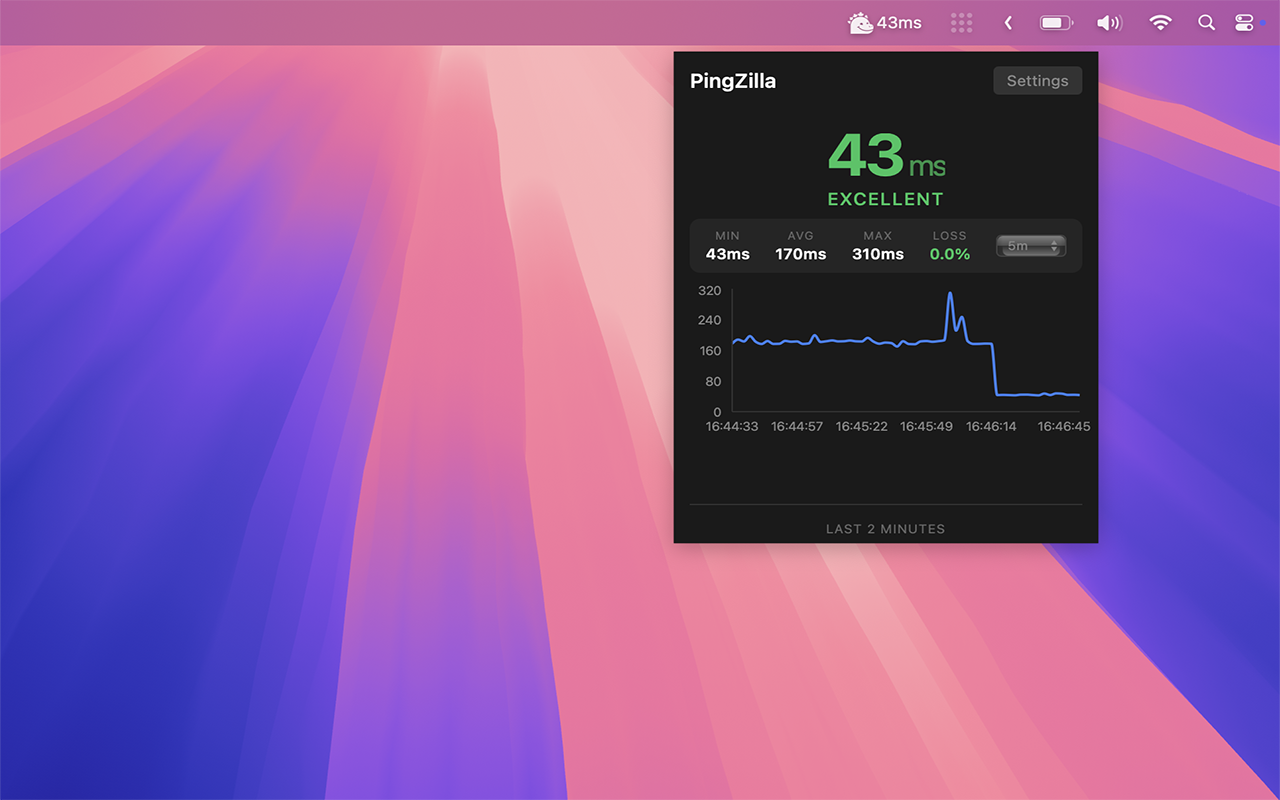 PingZilla popup showing latency graph, statistics, and settings